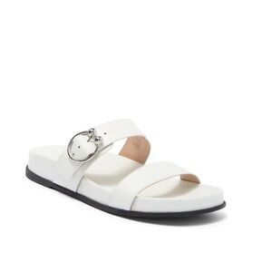 Stuart Weitzman Joni White Leather Slide Flats Sandals Silver Buckle Size 9